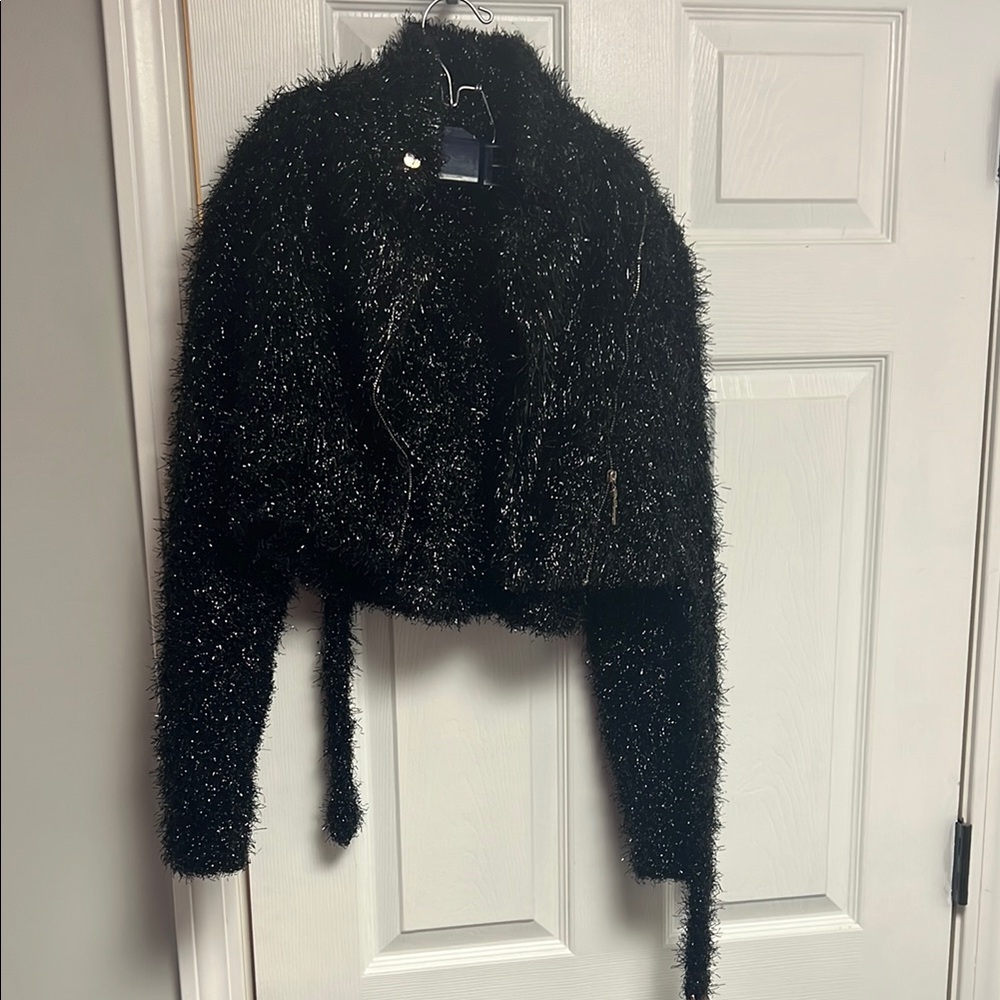 A. Stylish Black Fuzzy Skirt and Jacket